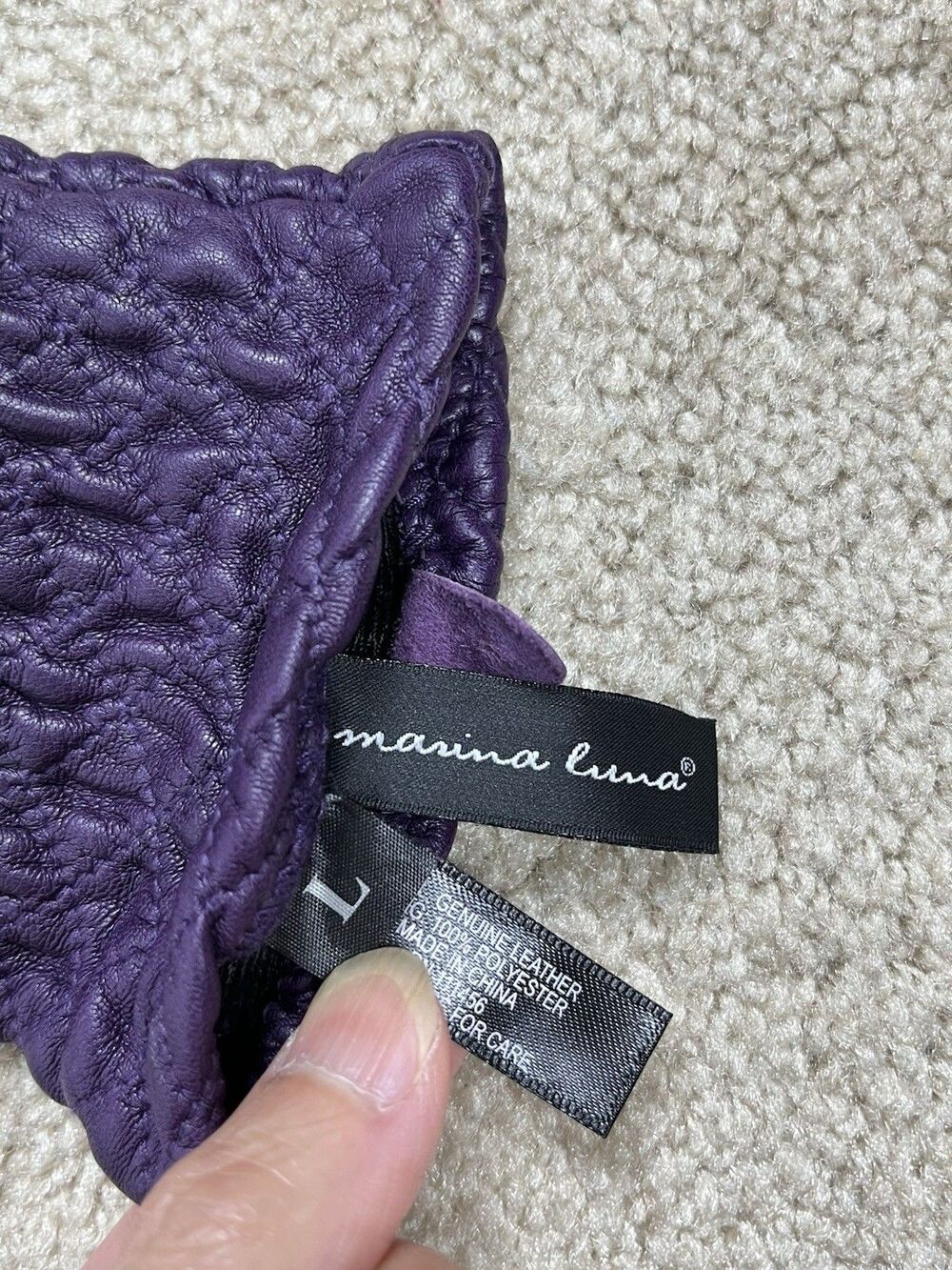 Marina Luna Purple Genuine Leather Gloves Women Size L Ruched Smocked Wrist NWOT - Picture 3 of 5